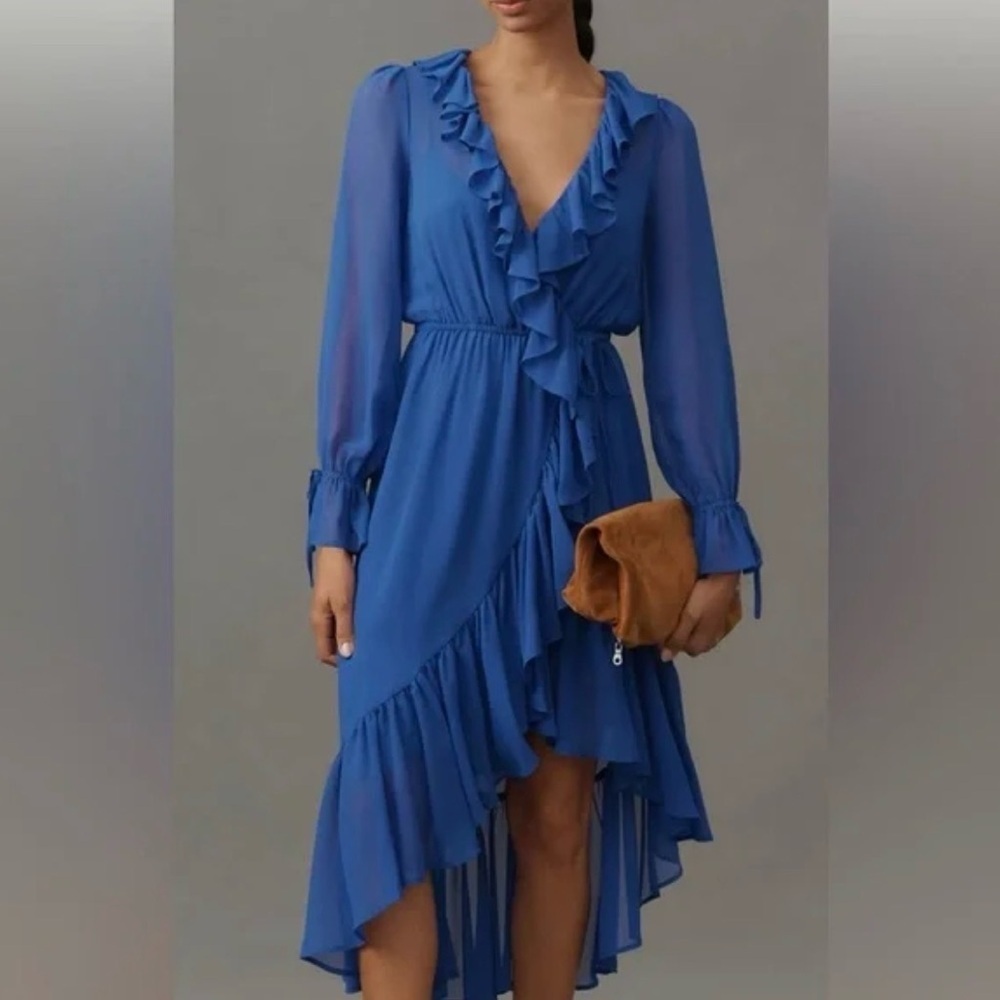 Anthropologie | NWT Blue Long Sleeve Ruffle Asymmetrical Midi Dress | Sz S